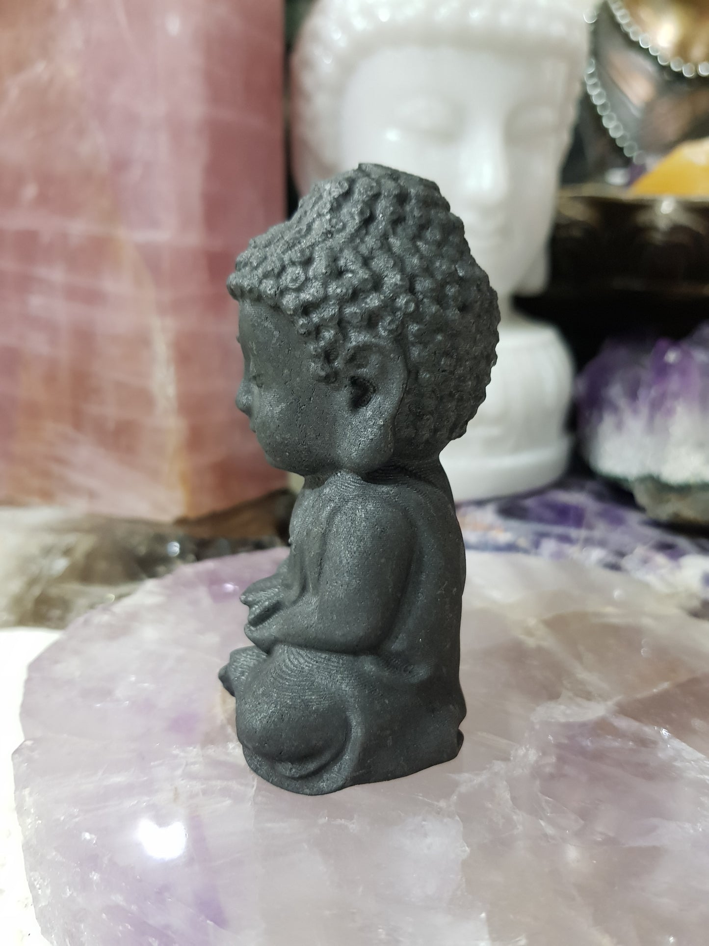 Polished Shungite crystal buddha carving matte black 8cm