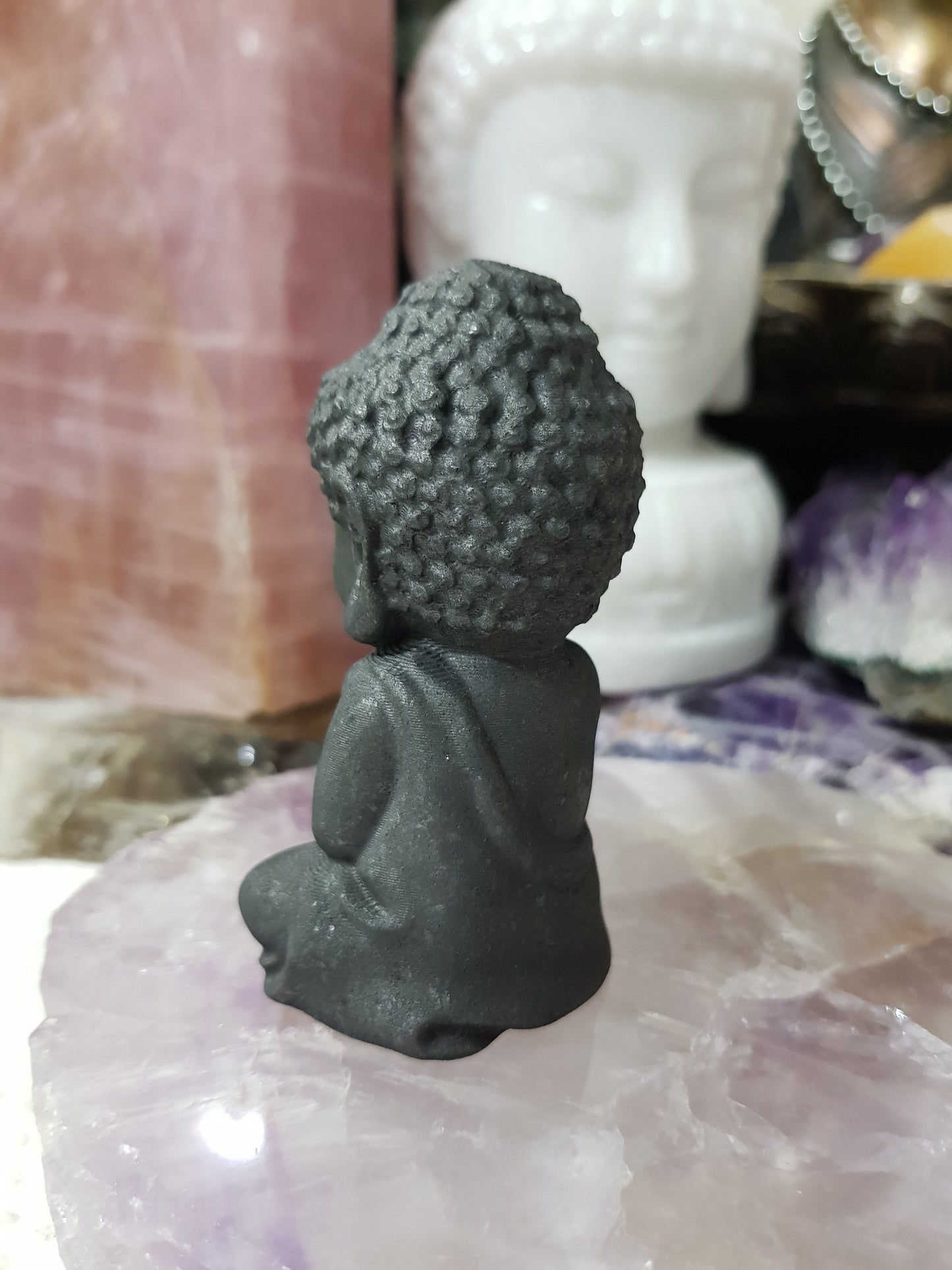 Polished Shungite crystal buddha carving matte black 8cm