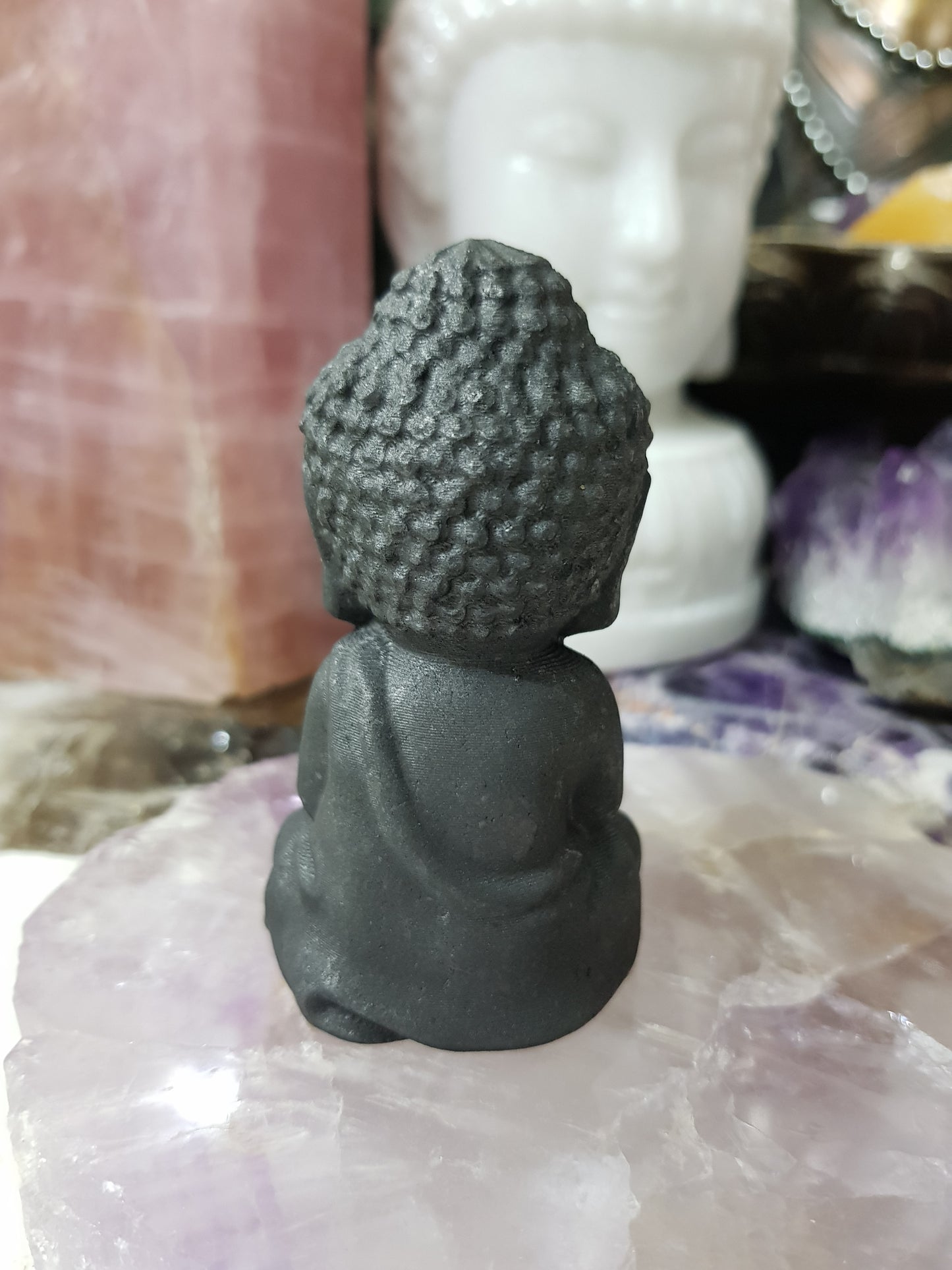 Polished Shungite crystal buddha carving matte black 8cm