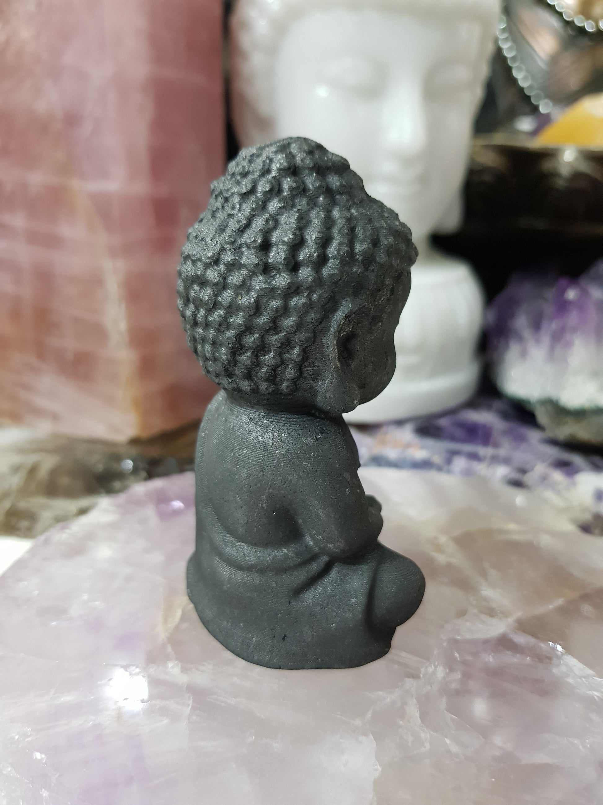 Polished Shungite crystal buddha carving matte black 8cm