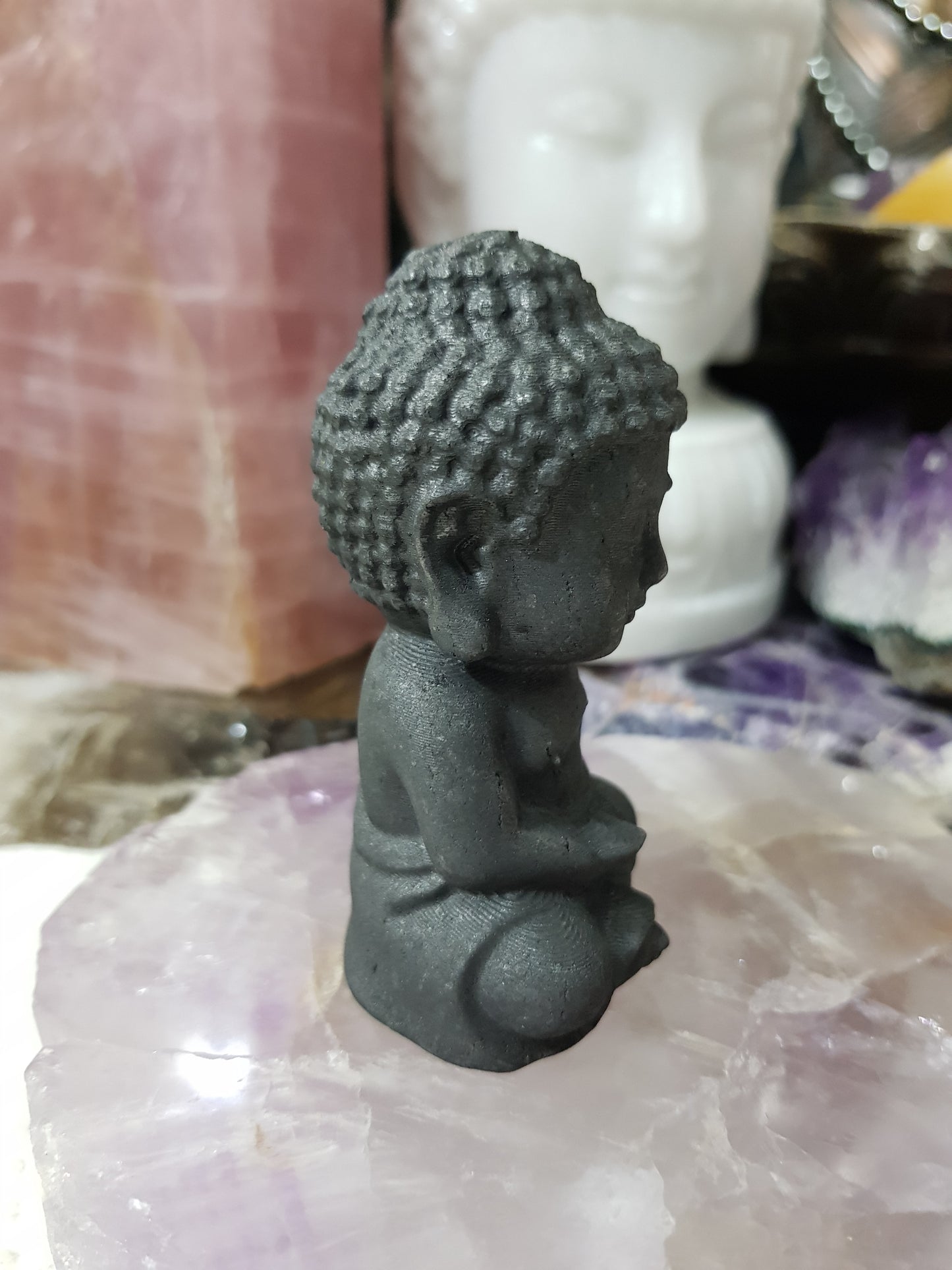 Polished Shungite crystal buddha carving matte black 8cm