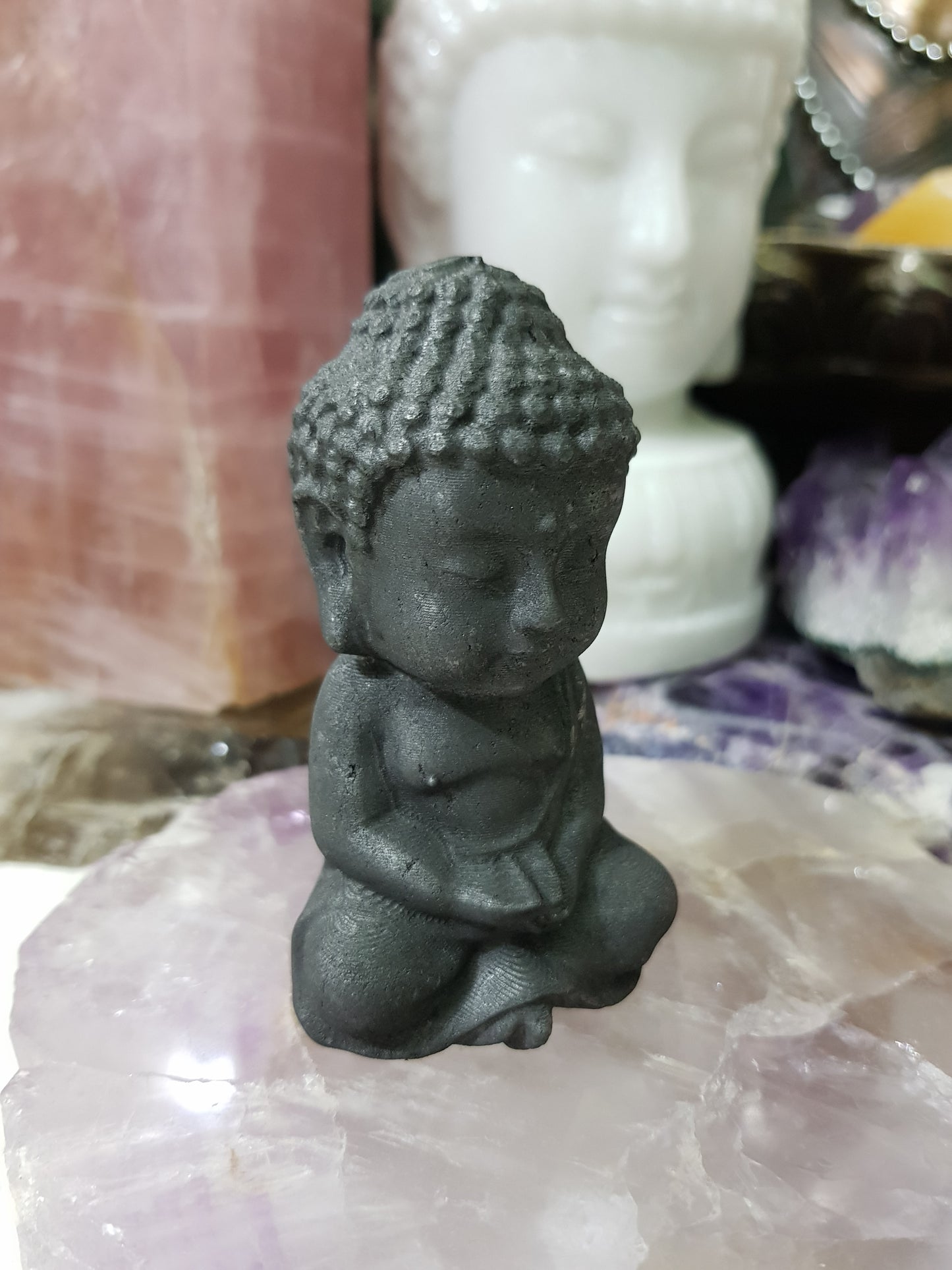 Polished Shungite crystal buddha carving matte black 8cm