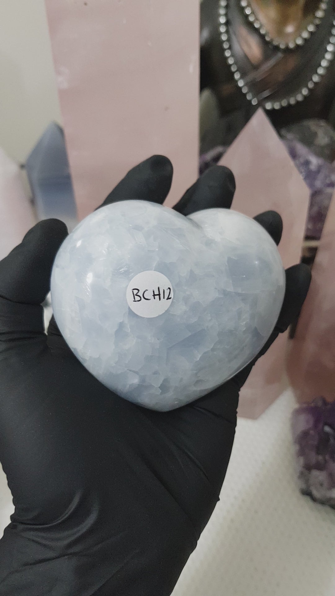 Blue calcite crystal heart polished sky blue 417g