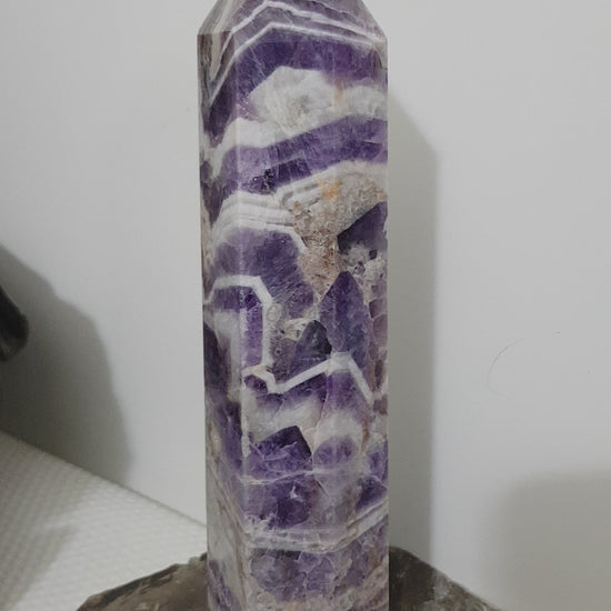 Chevron amethyst crystal point tower polished Brazil deep purple chevron banding 19.5cm