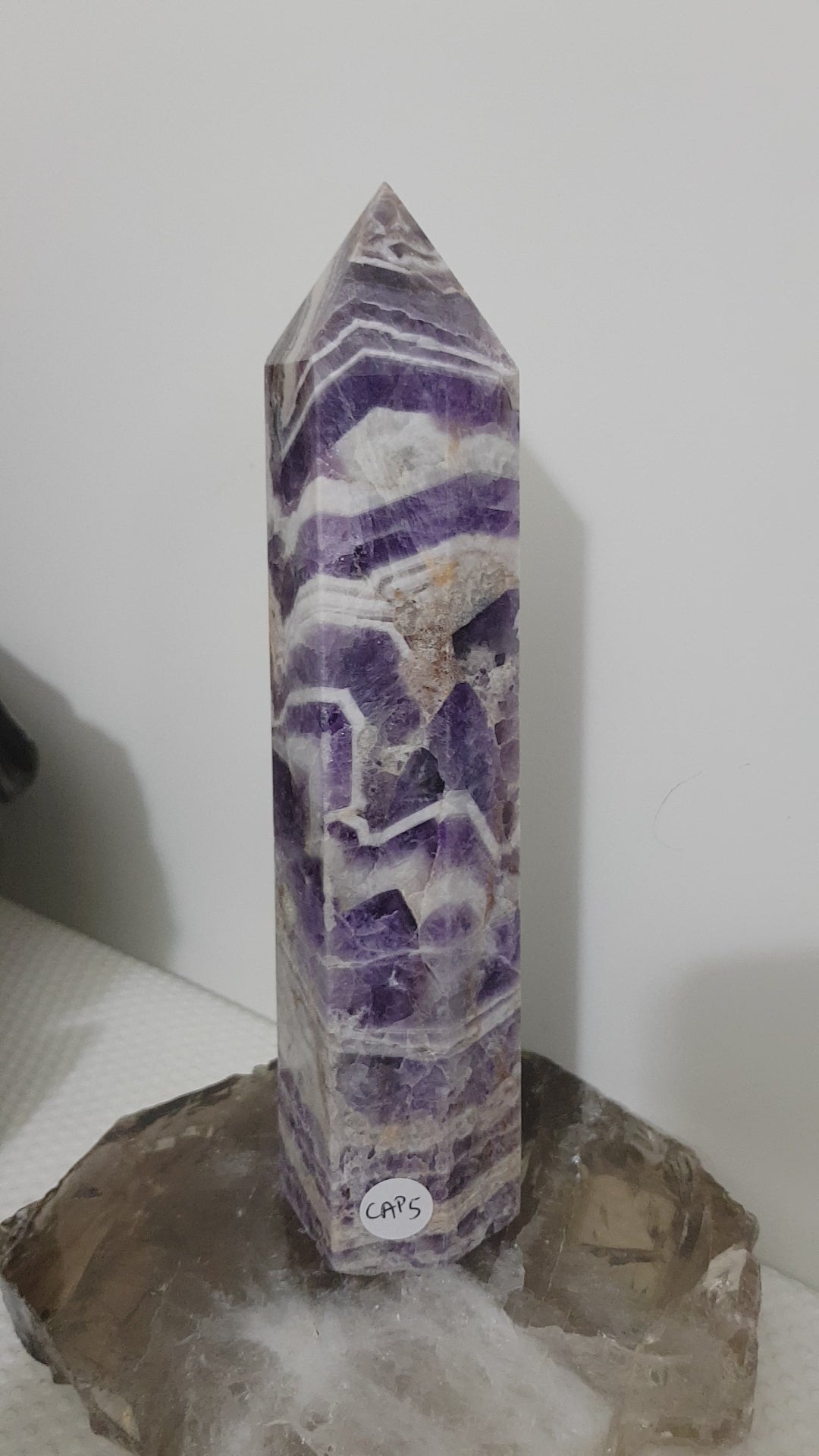 Chevron amethyst crystal point tower polished Brazil deep purple chevron banding 19.5cm