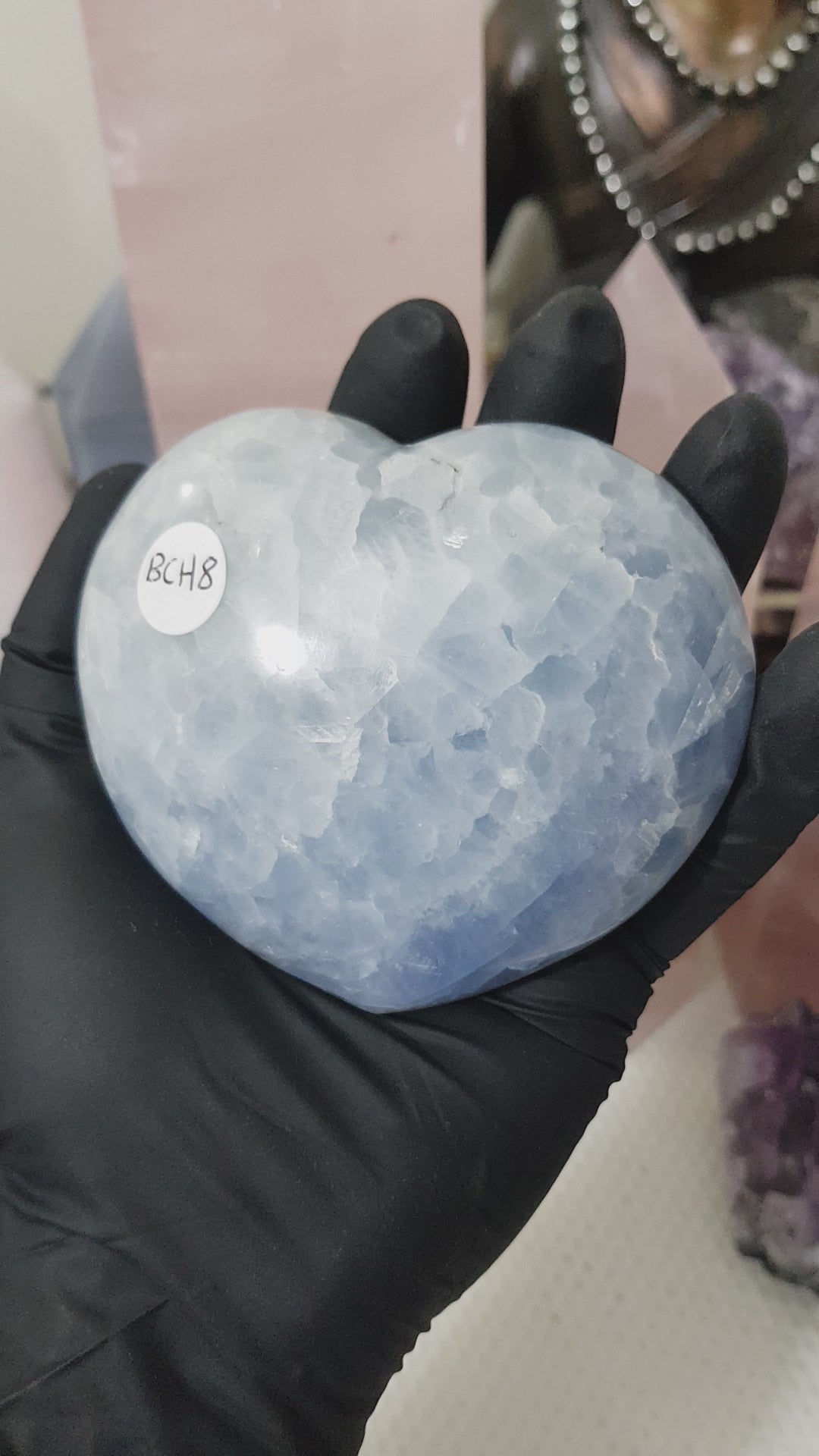 Blue calcite crystal heart polished sky blue 389g