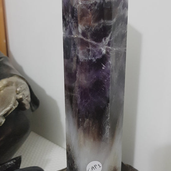 Chevron amethyst crystal point tower polished Brazil deep purple chevron banding 22.5cm
