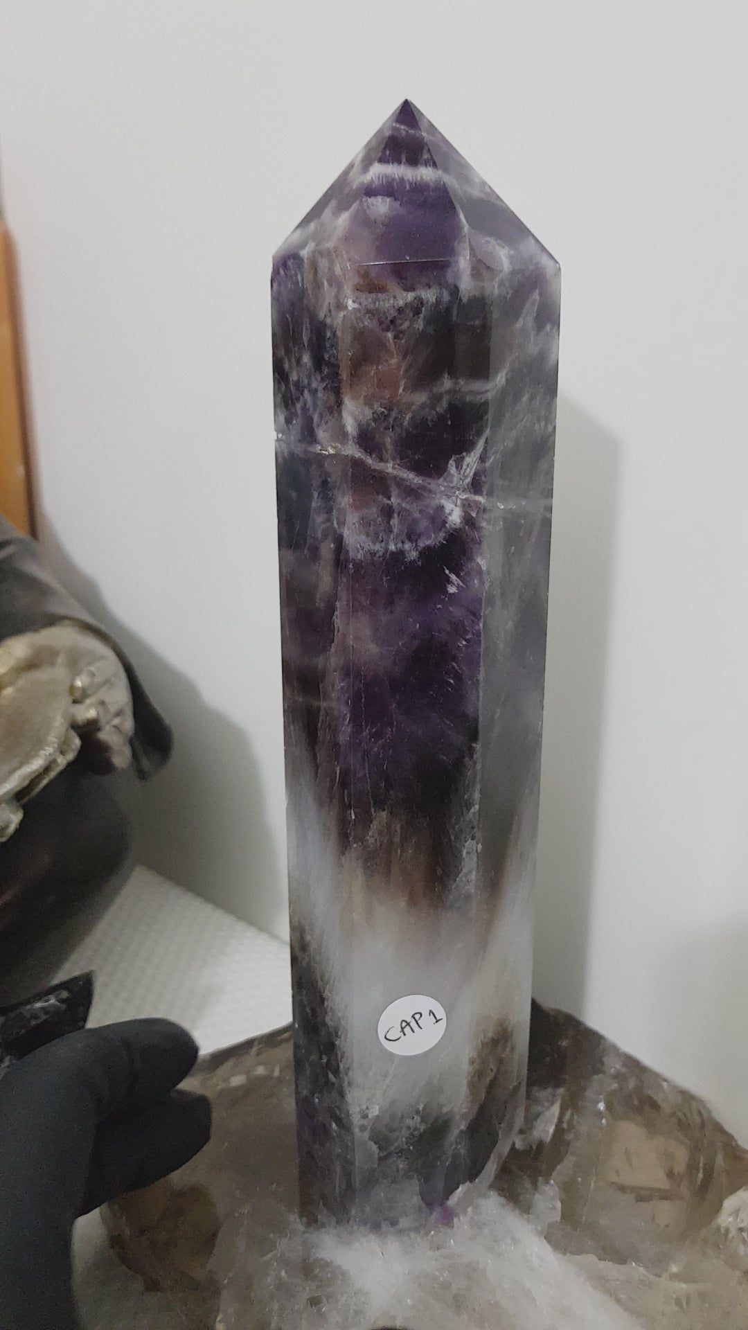 Chevron amethyst crystal point tower polished Brazil deep purple chevron banding 22.5cm