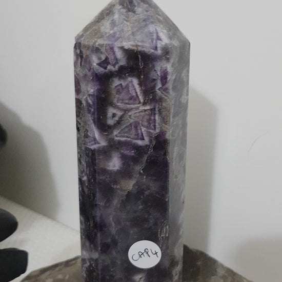 Chevron amethyst crystal point tower polished Brazil deep purple chevron banding 15.5cm