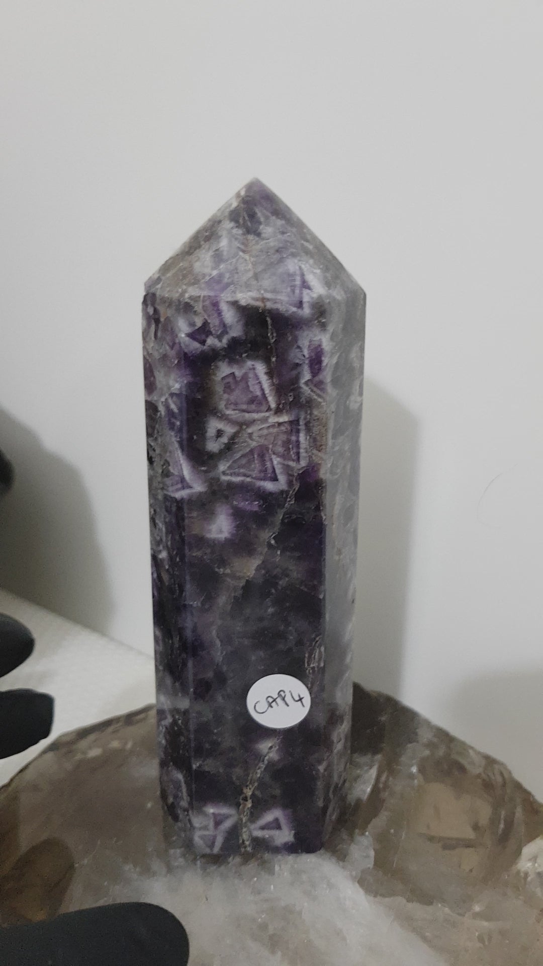 Chevron amethyst crystal point tower polished Brazil deep purple chevron banding 15.5cm