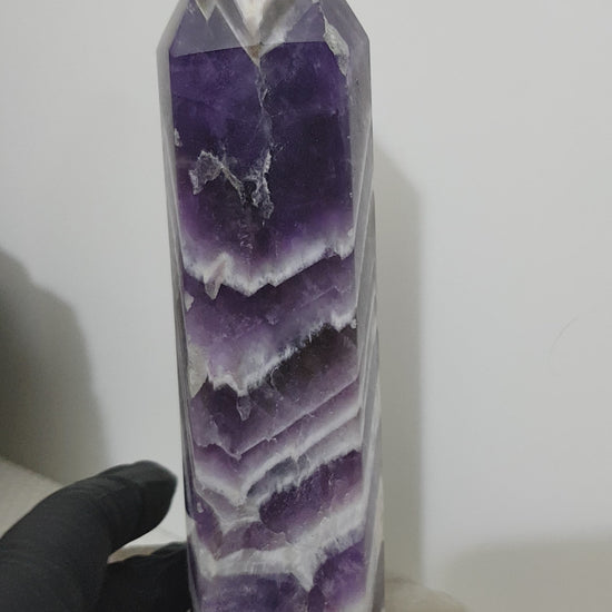 Chevron amethyst crystal point tower polished Brazil deep purple chevron banding 17cm
