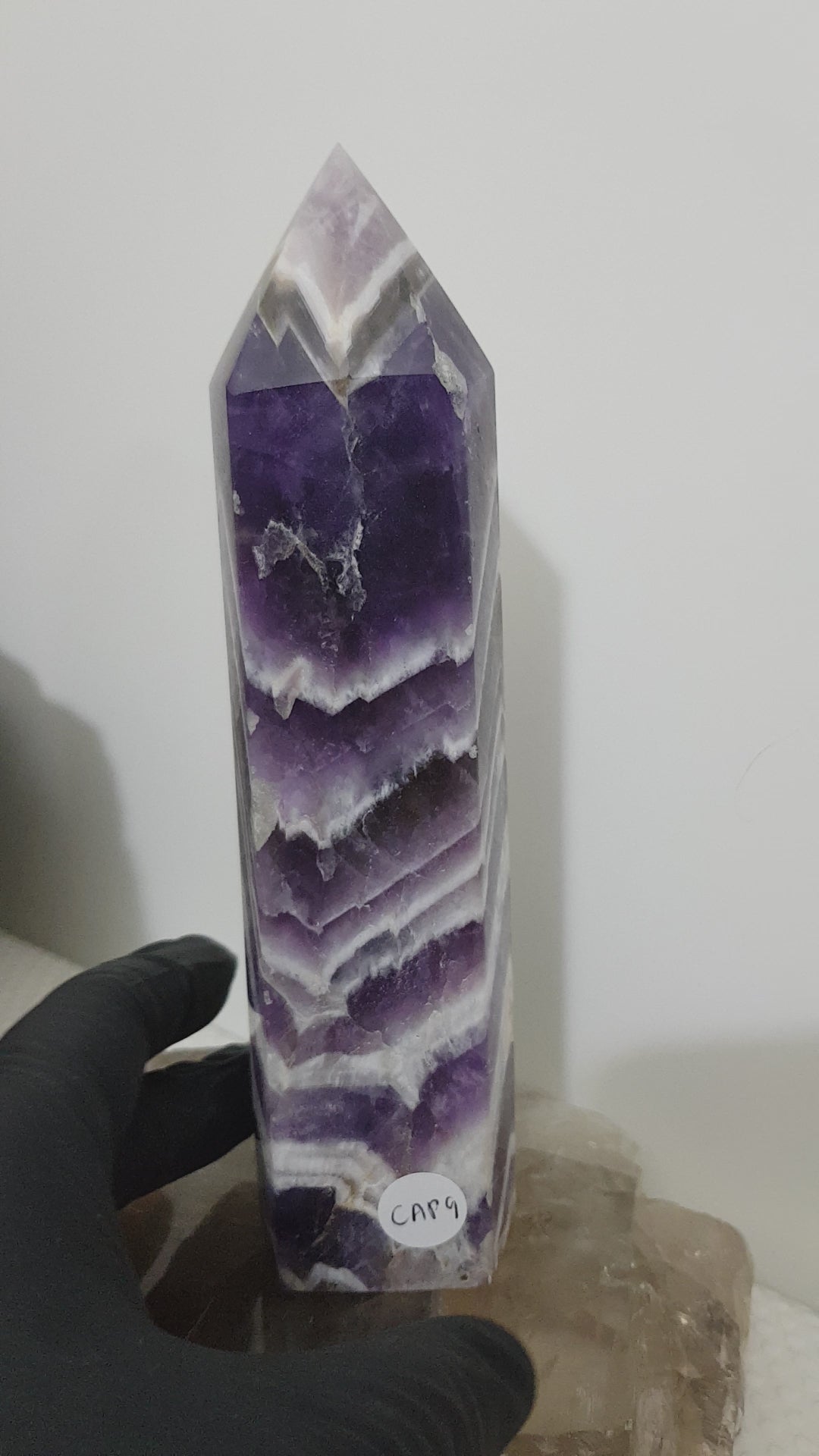 Chevron amethyst crystal point tower polished Brazil deep purple chevron banding 17cm