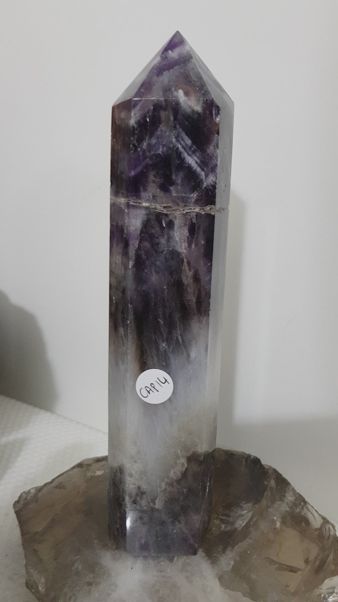Chevron amethyst crystal point tower polished Brazil deep purple chevron banding 20.5cm