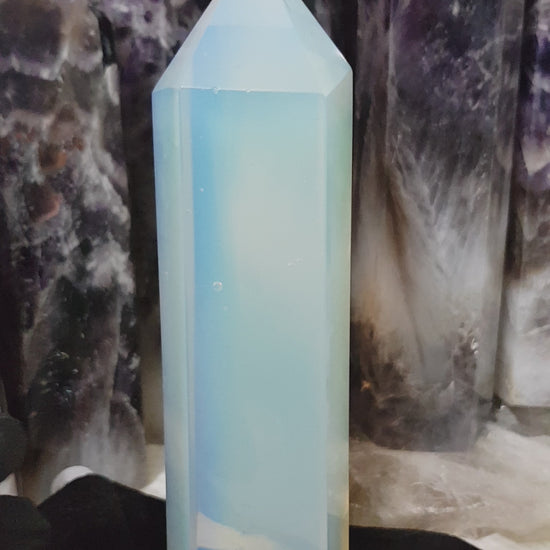 Opalite crystal point tower polished milky blue glow 15.5cm
