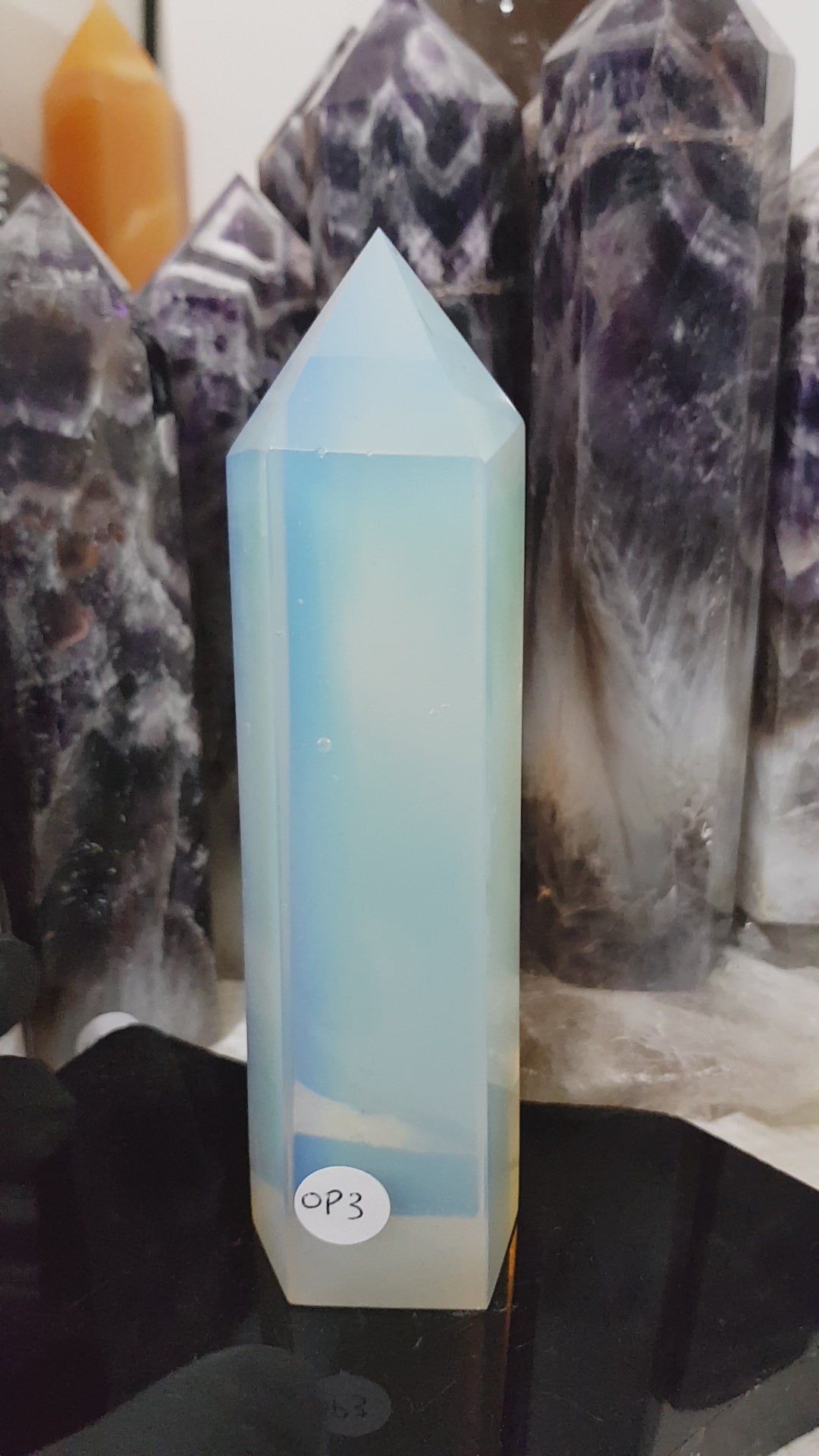 Opalite crystal point tower polished milky blue glow 15.5cm