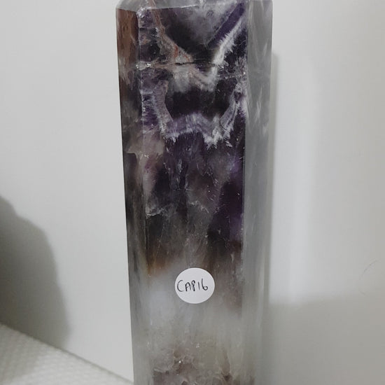 Chevron amethyst crystal point tower polished Brazil deep purple chevron banding 20.5cm