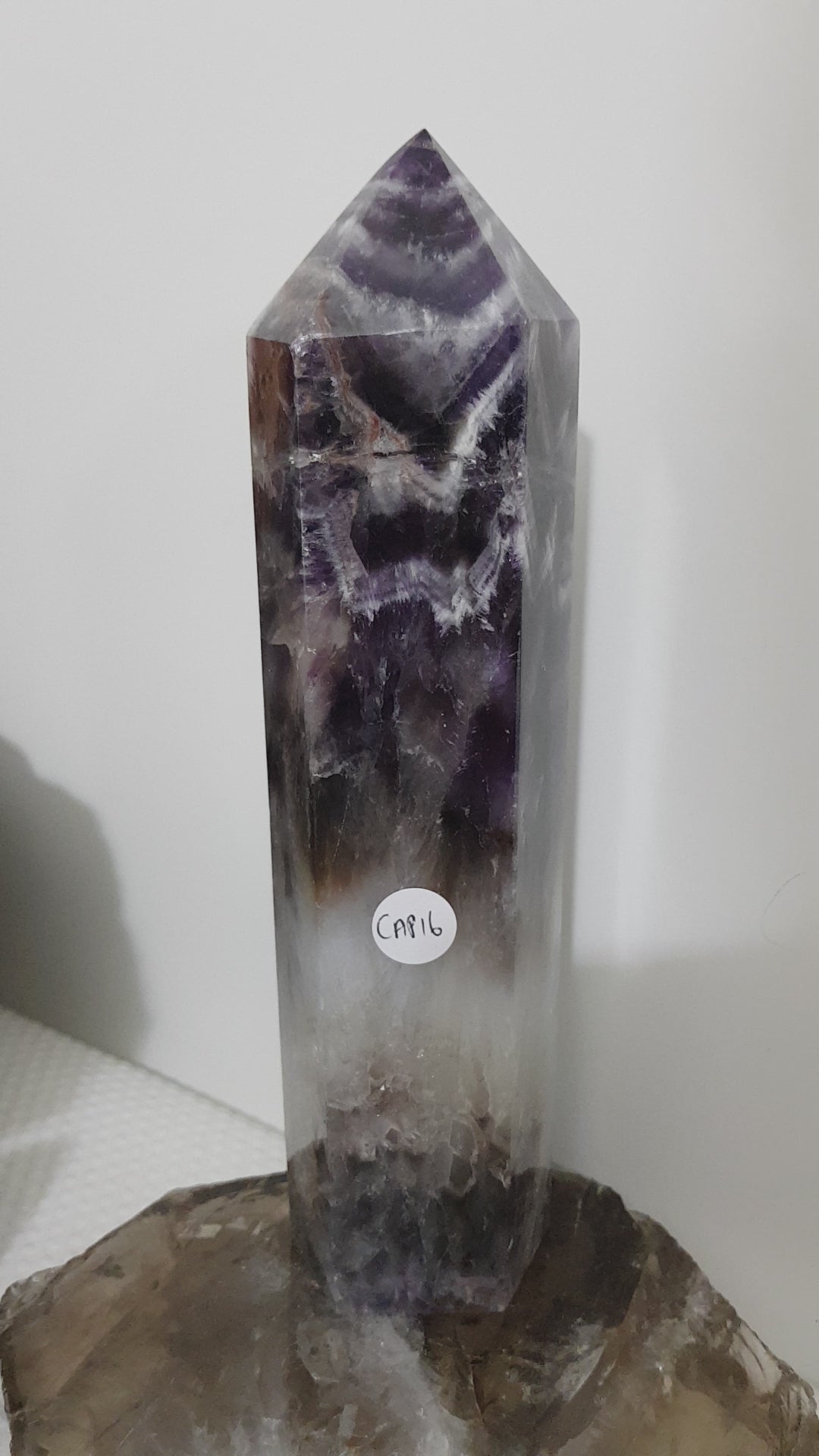 Chevron amethyst crystal point tower polished Brazil deep purple chevron banding 20.5cm