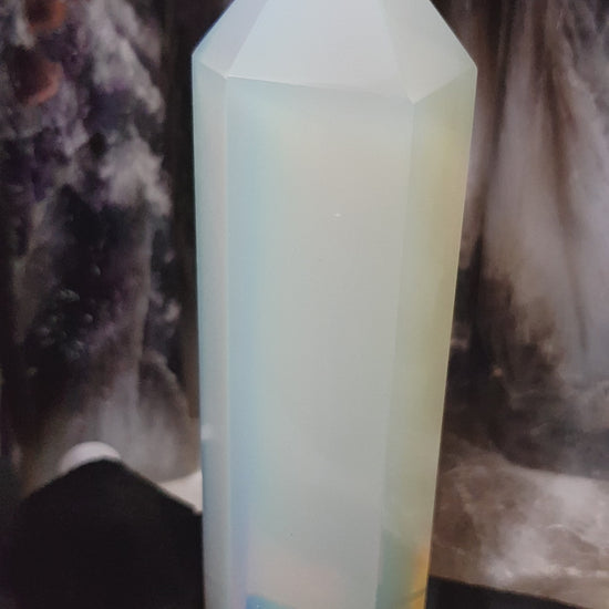 Opalite crystal point tower polished milky blue glow 12.5cm
