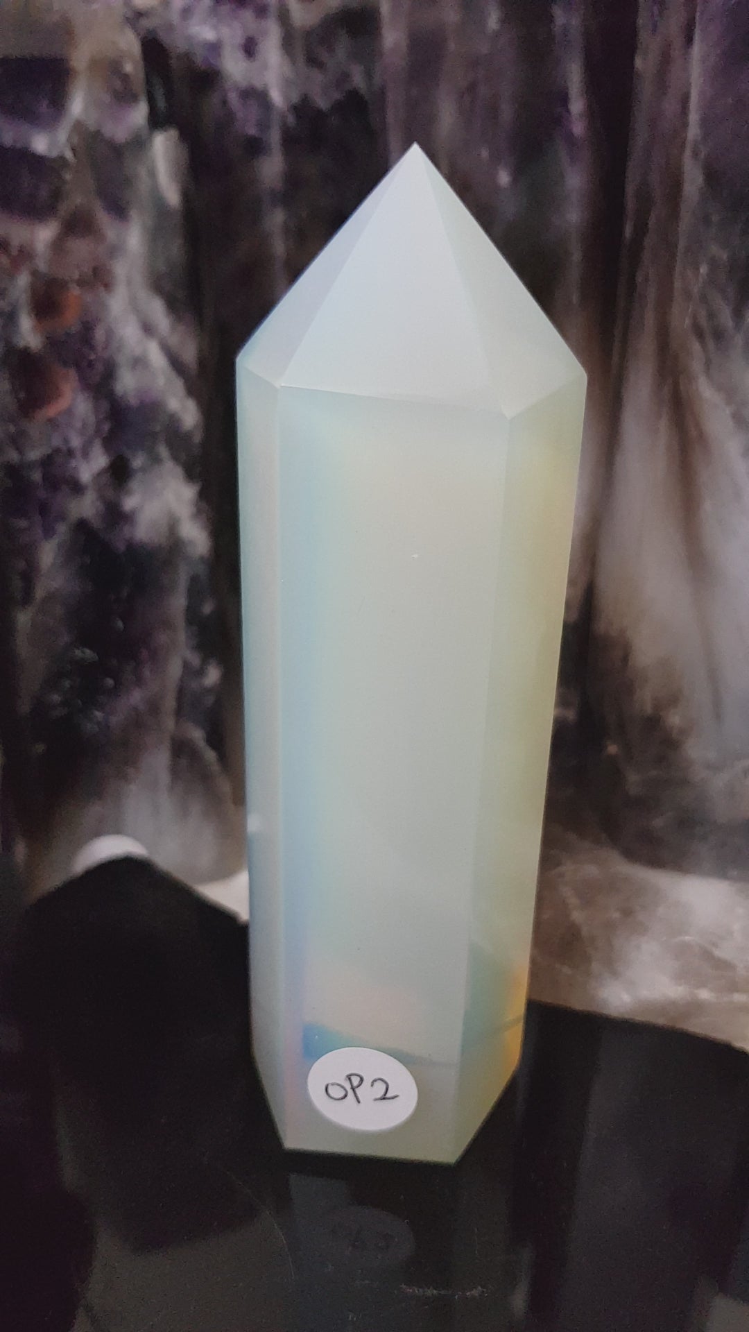 Opalite crystal point tower polished milky blue glow 12.5cm