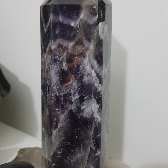 Chevron amethyst crystal point tower polished Brazil deep purple chevron banding 18.5cm