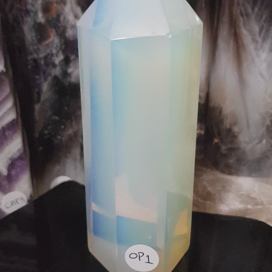 Opalite crystal point tower polished milky blue glow 13cm