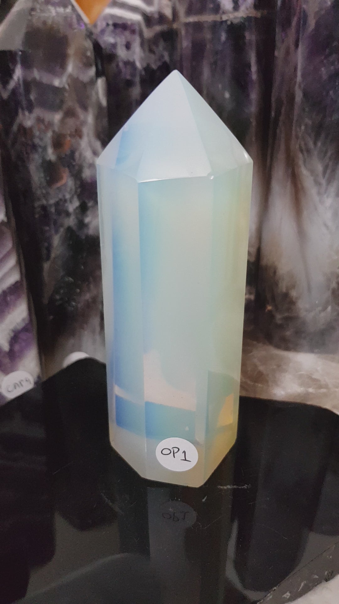 Opalite crystal point tower polished milky blue glow 13cm
