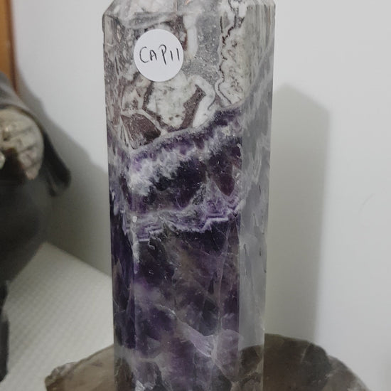 Chevron amethyst crystal point tower polished Brazil deep purple chevron banding 18cm
