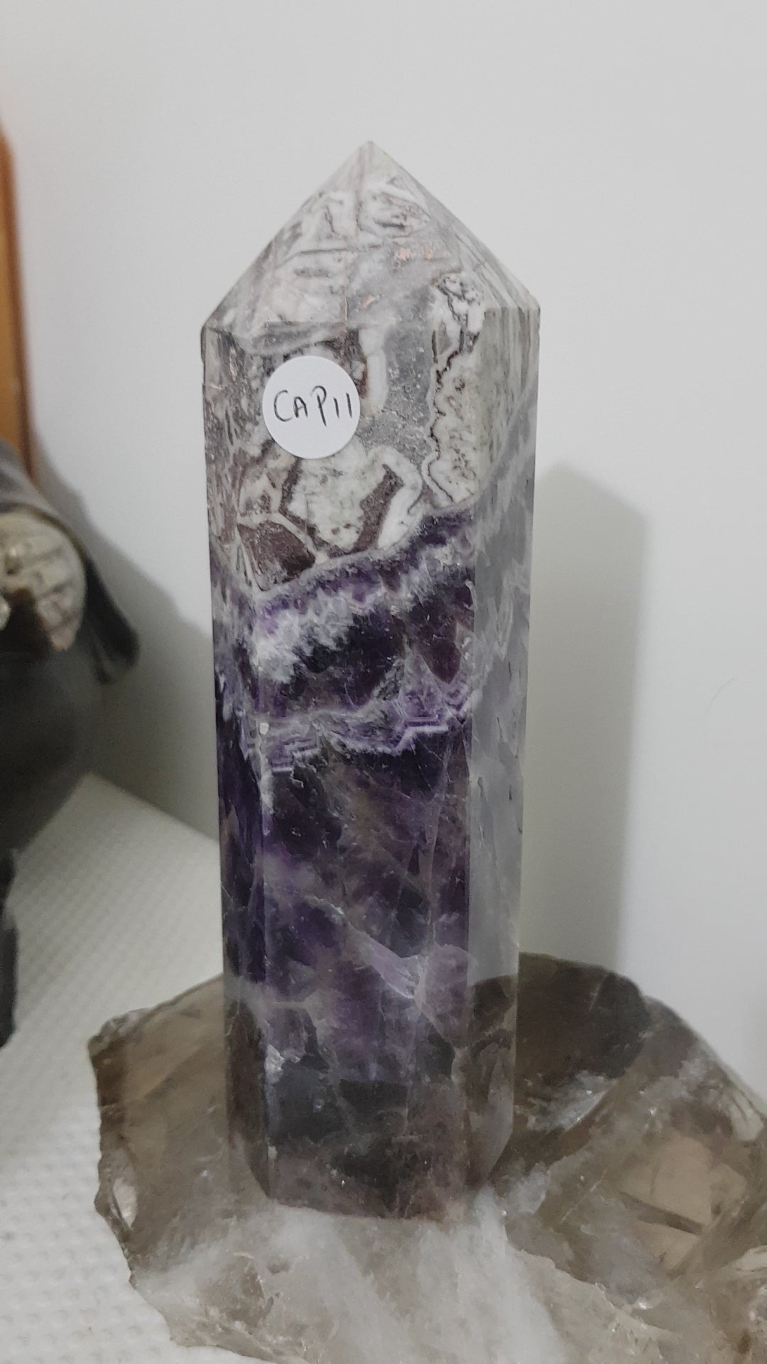 Chevron amethyst crystal point tower polished Brazil deep purple chevron banding 18cm