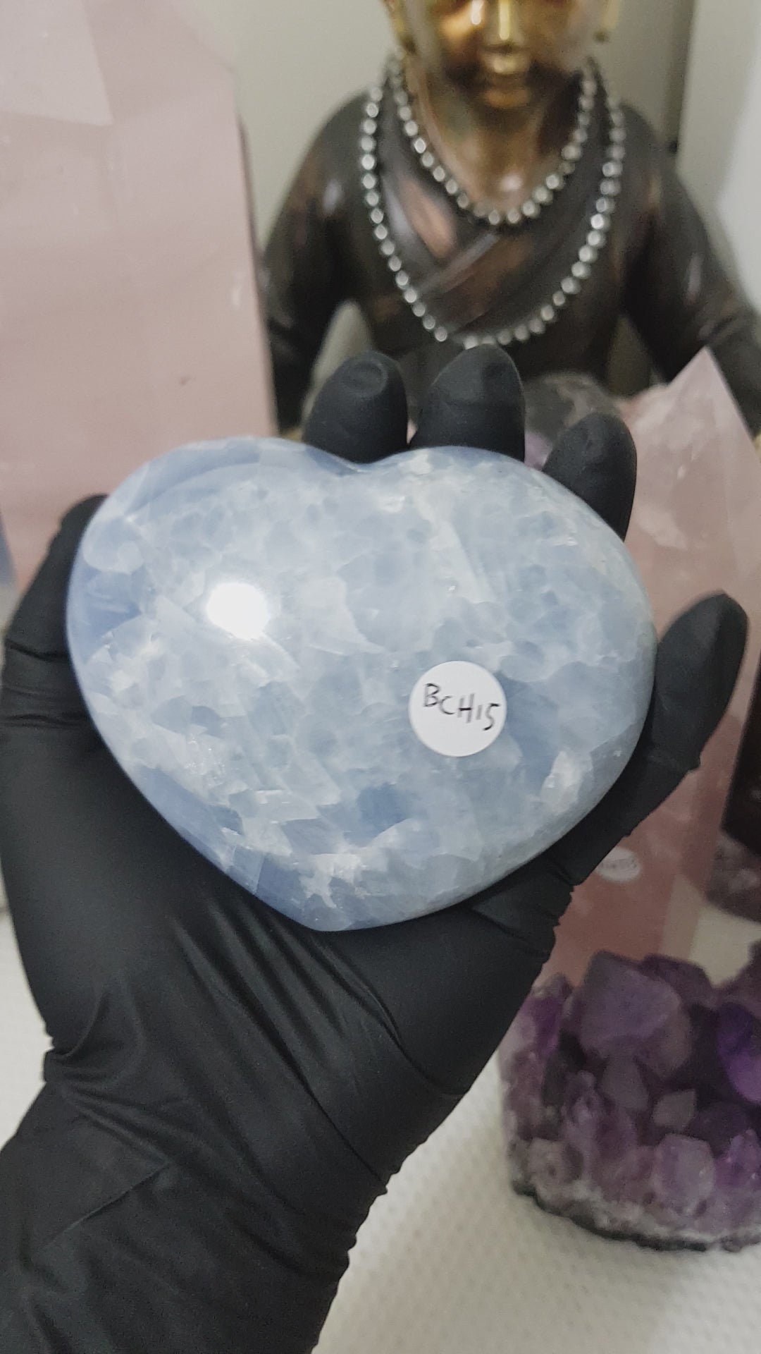 Blue calcite crystal heart polished sky blue 439g