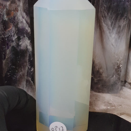 Opalite crystal point tower polished milky blue glow 13.5cm