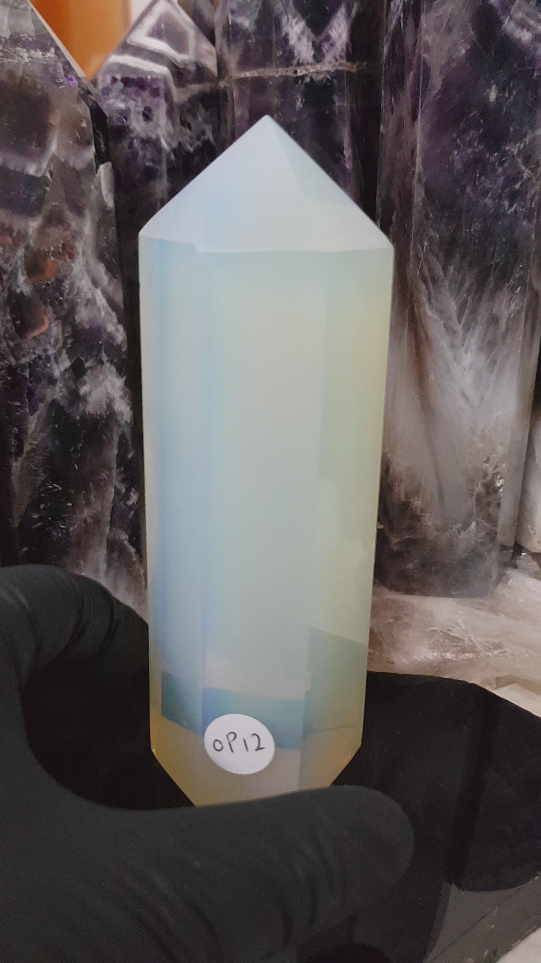 Opalite crystal point tower polished milky blue glow 13.5cm