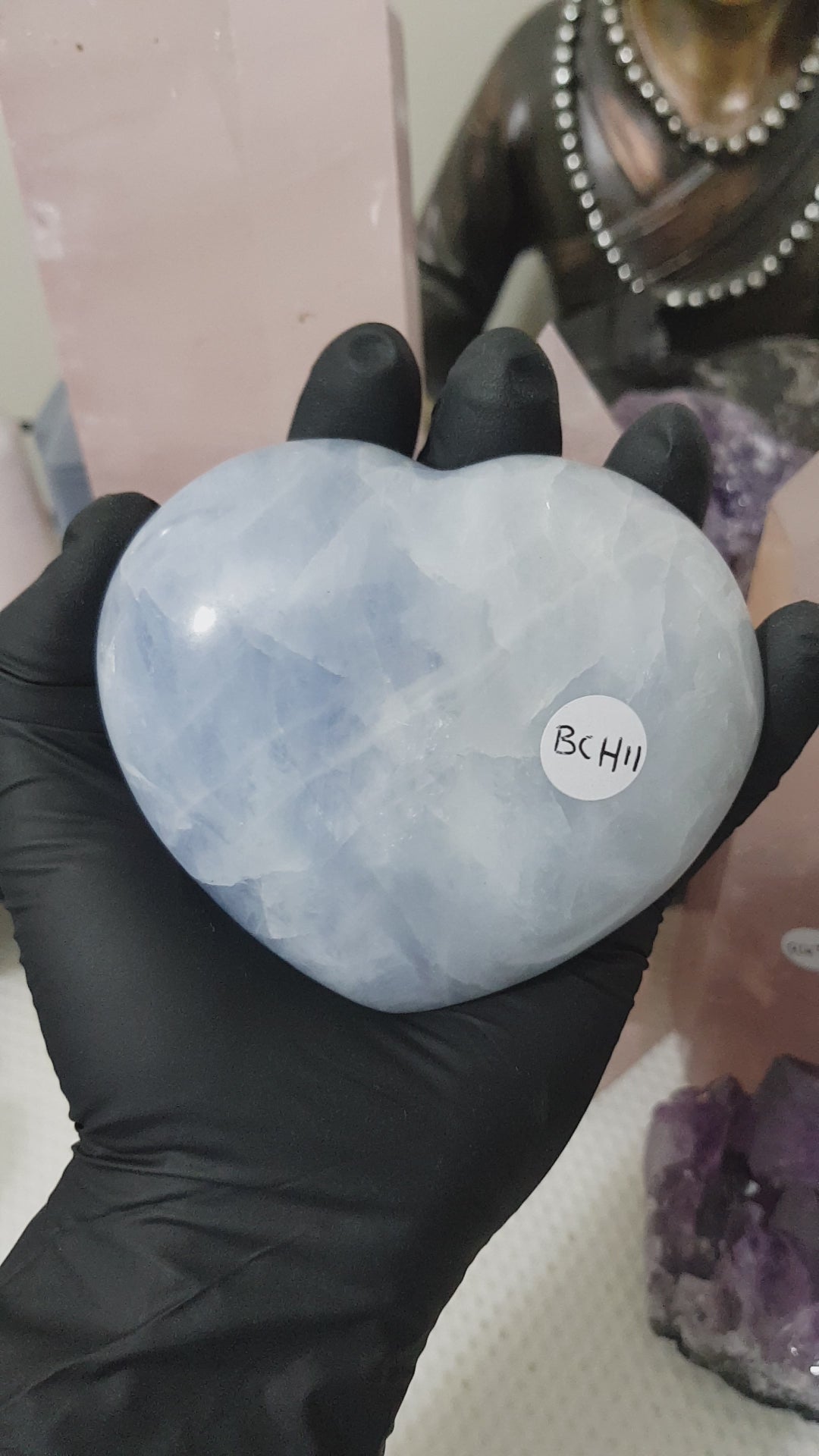 Blue calcite crystal heart polished sky blue 400g