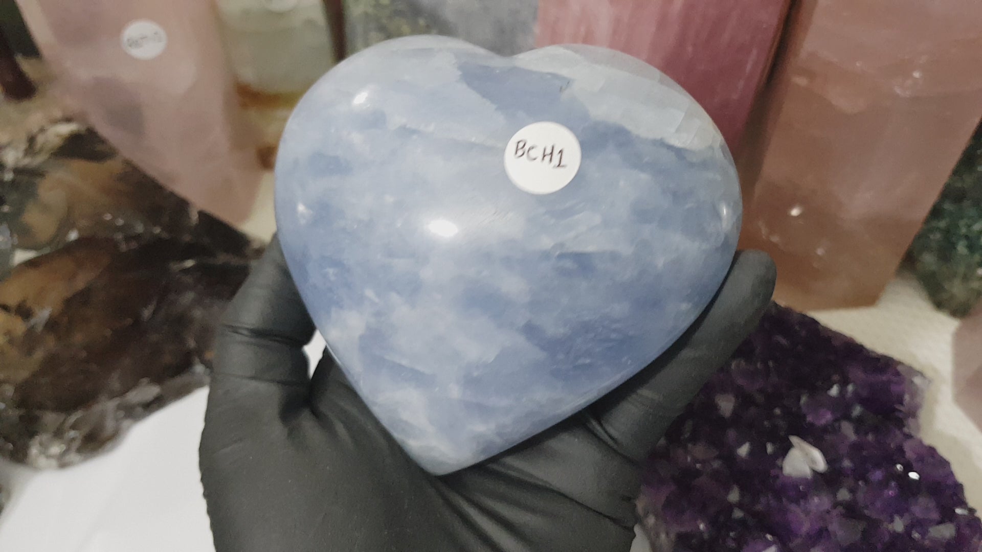 Blue calcite crystal heart polished ocean blue 506g