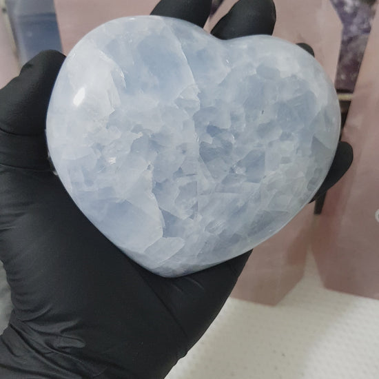 Blue calcite crystal heart polished sky blue 496g
