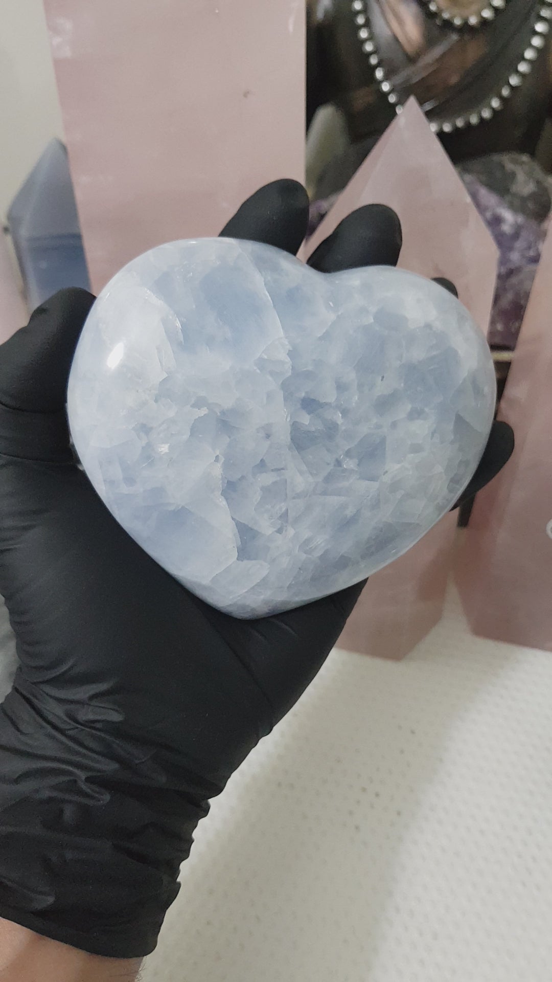 Blue calcite crystal heart polished sky blue 496g