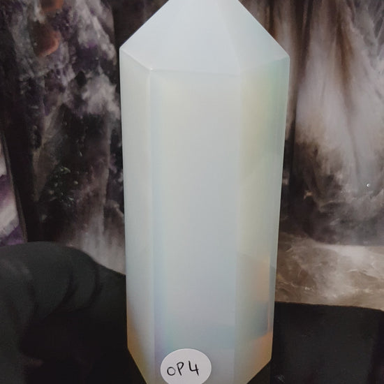 Opalite crystal point tower polished milky blue glow 11.5cm