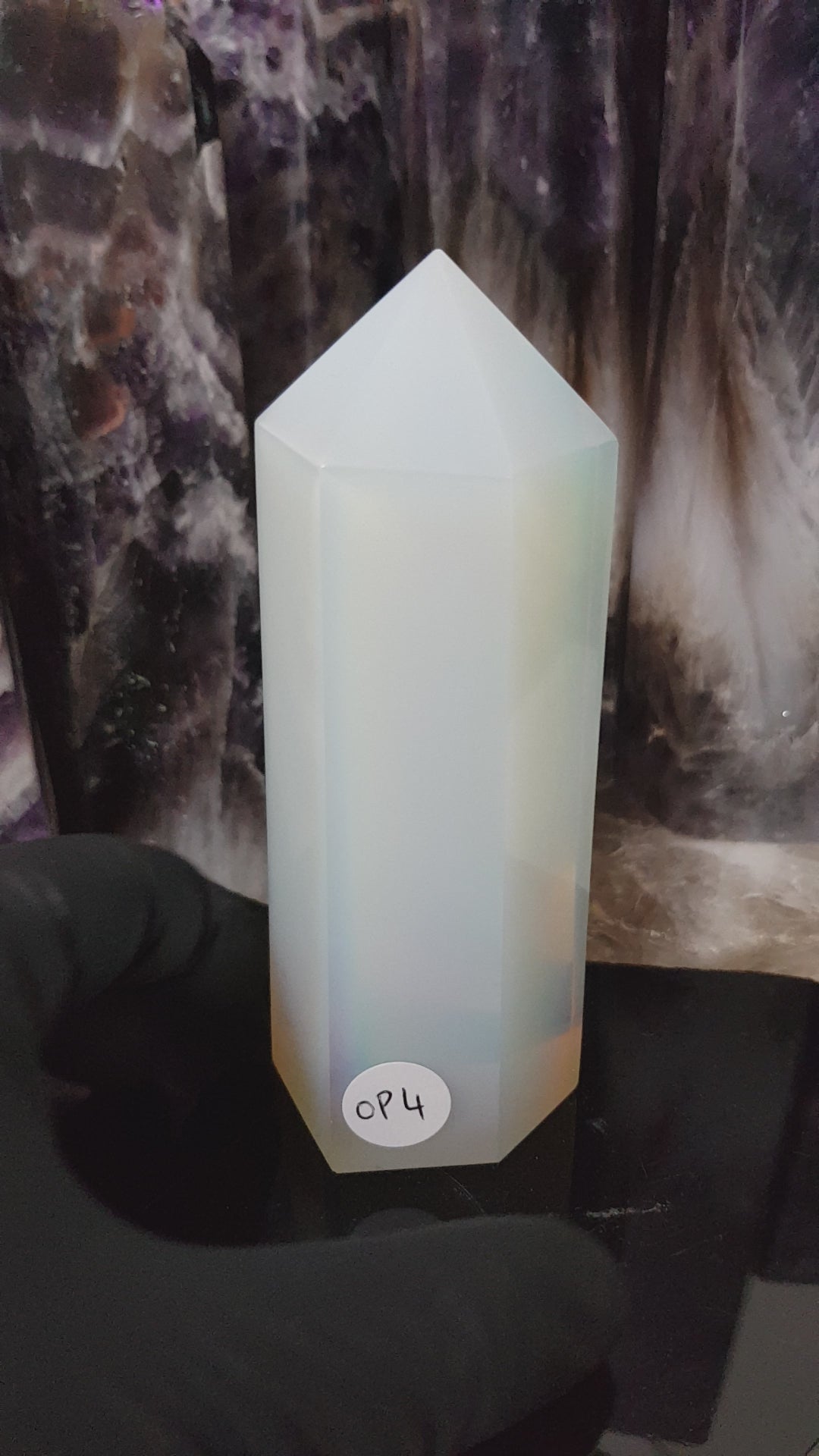 Opalite crystal point tower polished milky blue glow 11.5cm