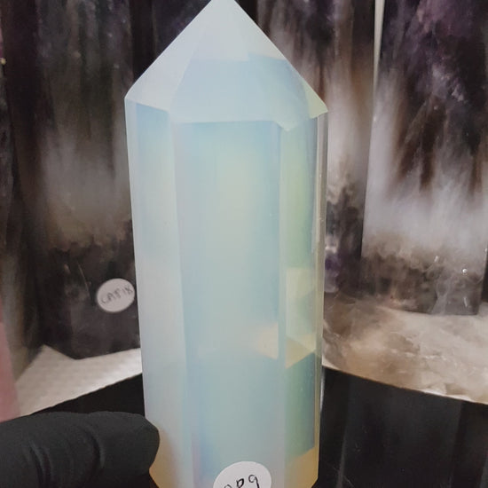 Opalite crystal point tower polished milky blue glow 12.5cm