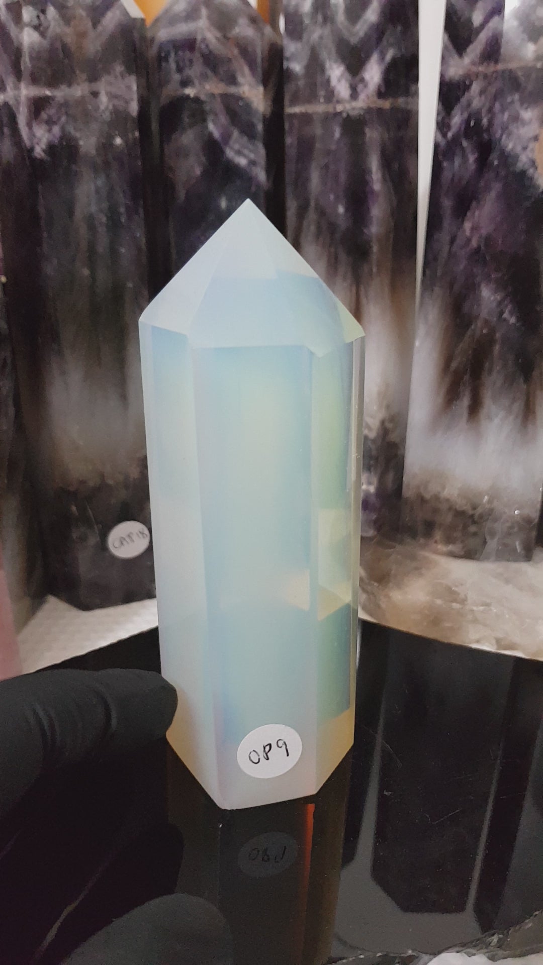 Opalite crystal point tower polished milky blue glow 12.5cm