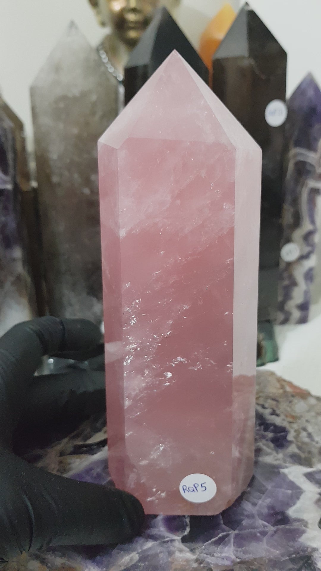 Rose Quartz crystal point tower polished standing specimen from Brazil 16.5cm