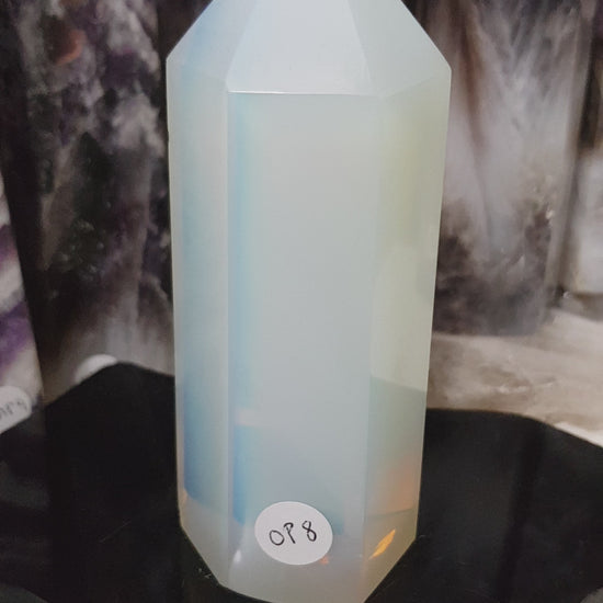 Opalite crystal point tower polished milky blue glow 12.5cm