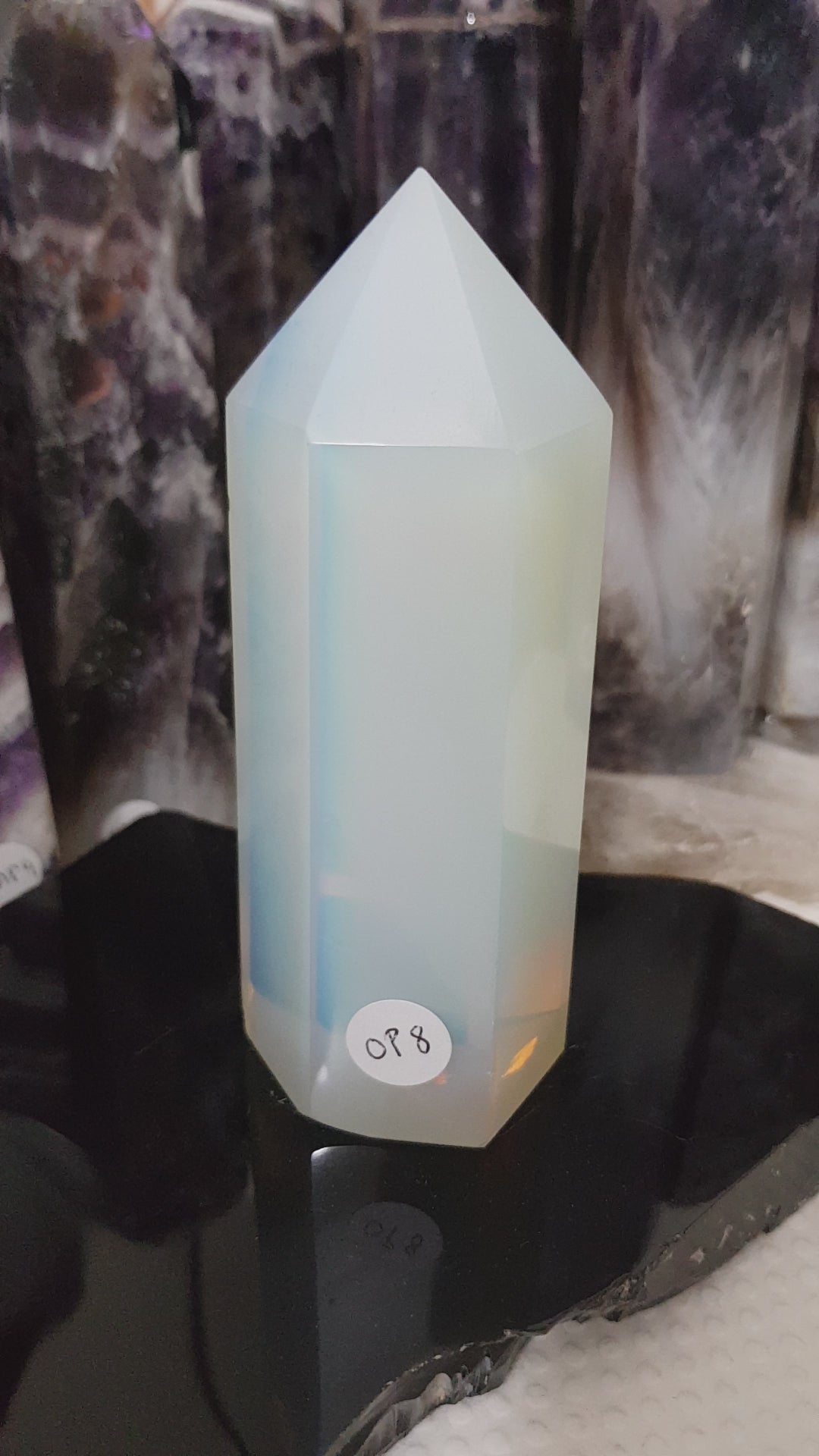 Opalite crystal point tower polished milky blue glow 12.5cm