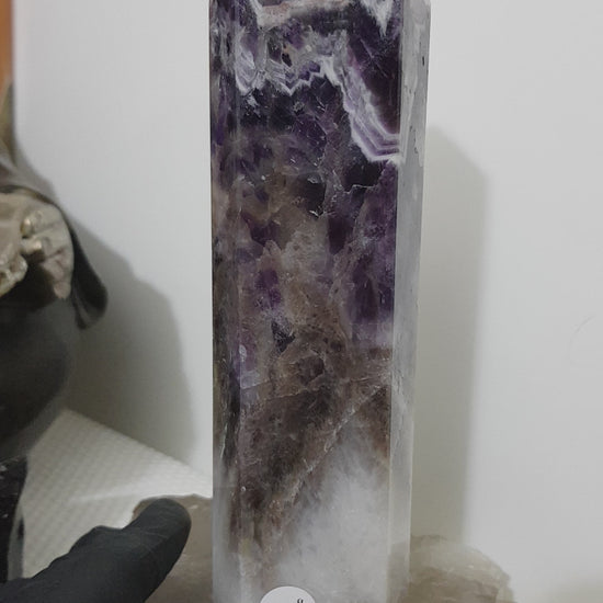 Chevron amethyst crystal point tower polished Brazil deep purple chevron banding 19cm
