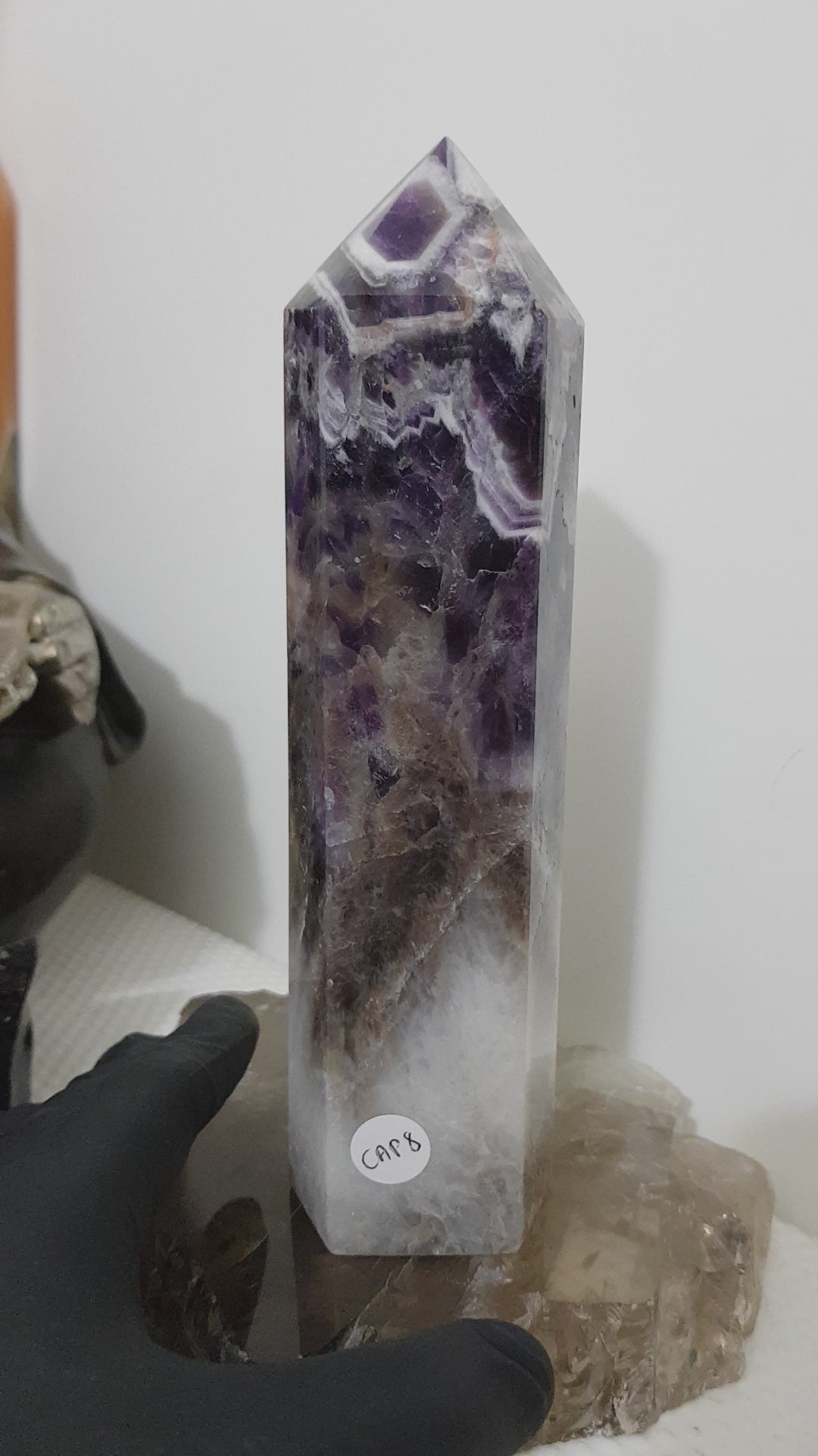 Chevron amethyst crystal point tower polished Brazil deep purple chevron banding 19cm