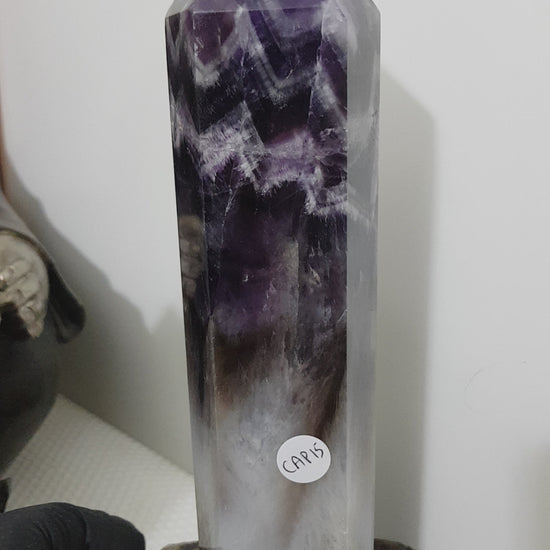 Chevron amethyst crystal point tower polished Brazil deep purple chevron banding 22cm