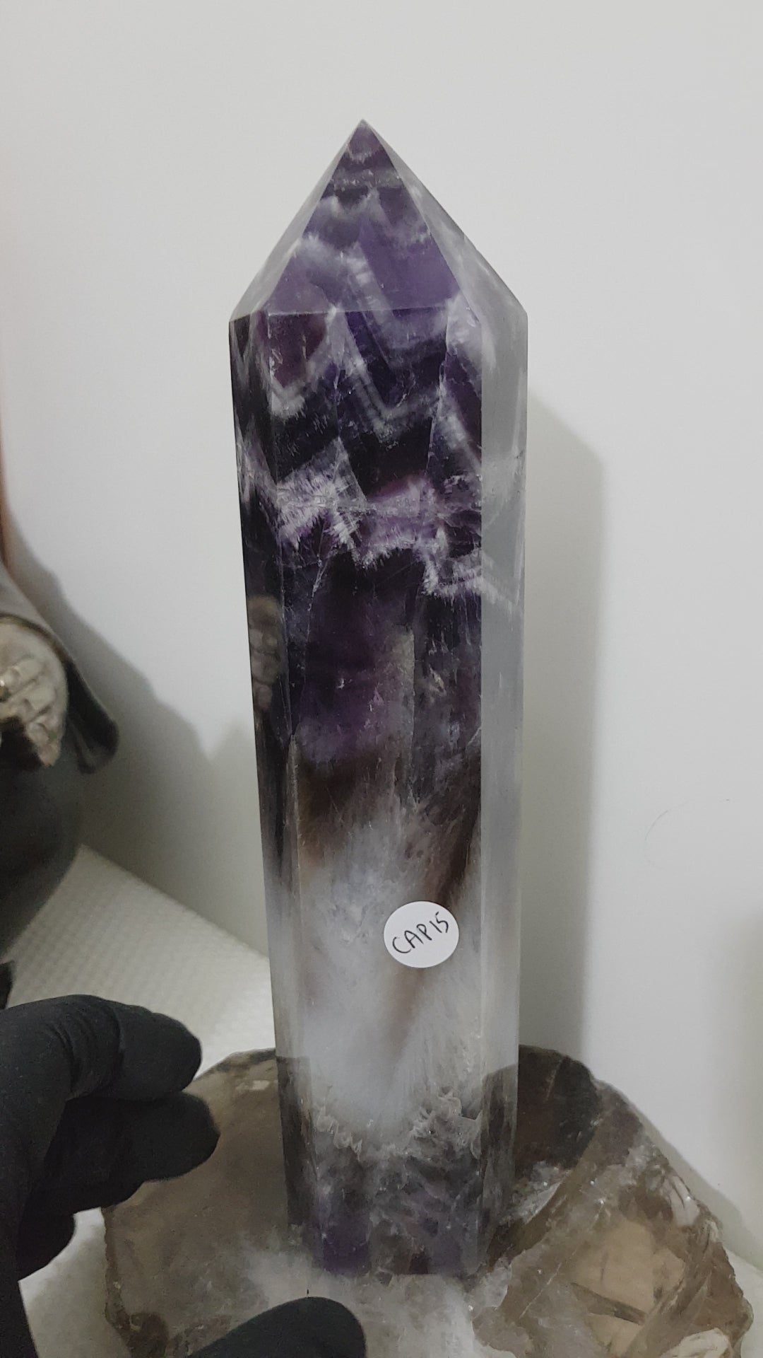 Chevron amethyst crystal point tower polished Brazil deep purple chevron banding 22cm