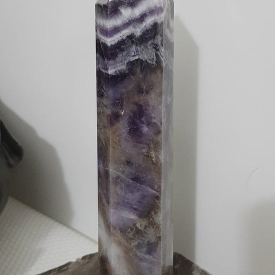 Chevron amethyst crystal point tower polished Brazil deep purple chevron banding 19.5cm