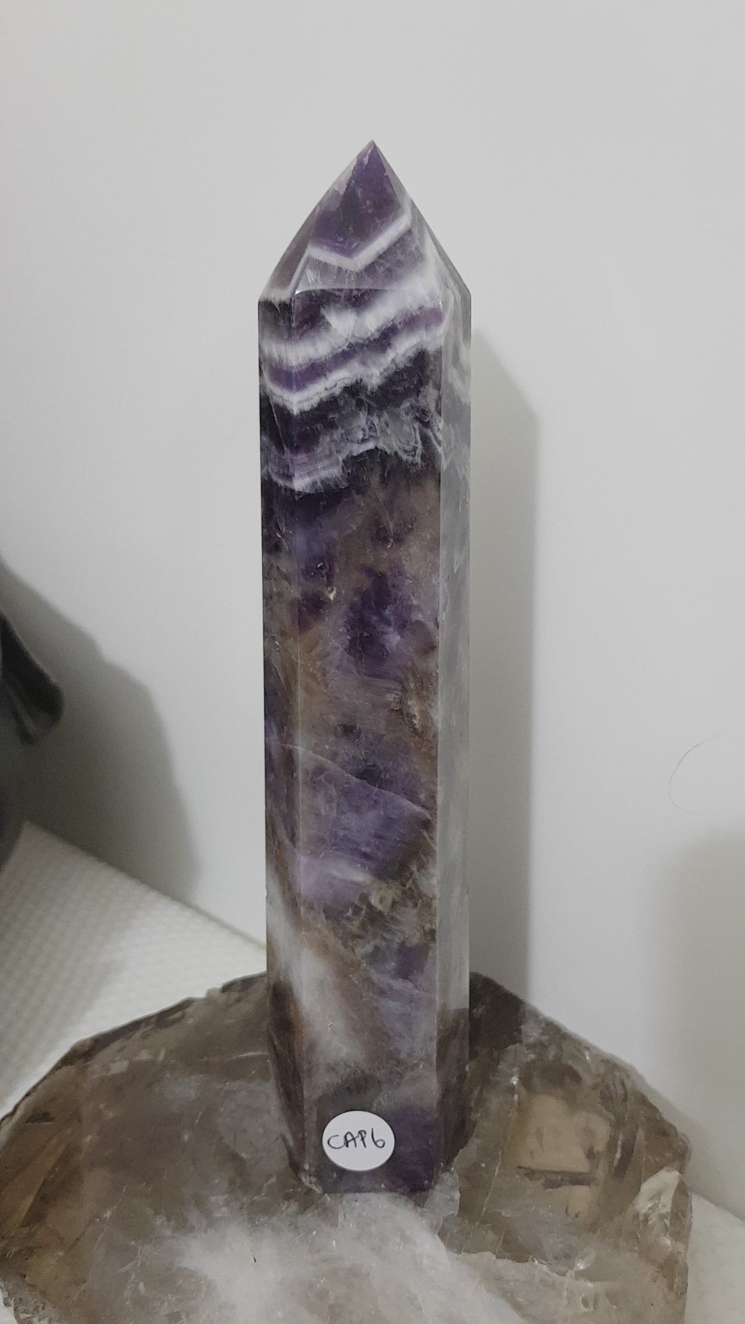 Chevron amethyst crystal point tower polished Brazil deep purple chevron banding 19.5cm