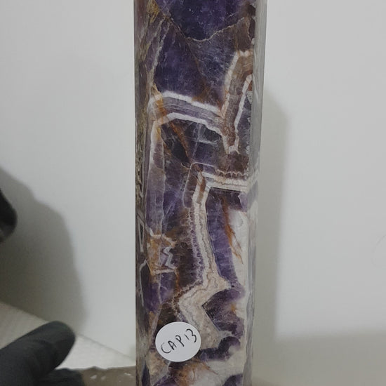 Chevron amethyst crystal point tower polished Brazil deep purple chevron banding 19cm