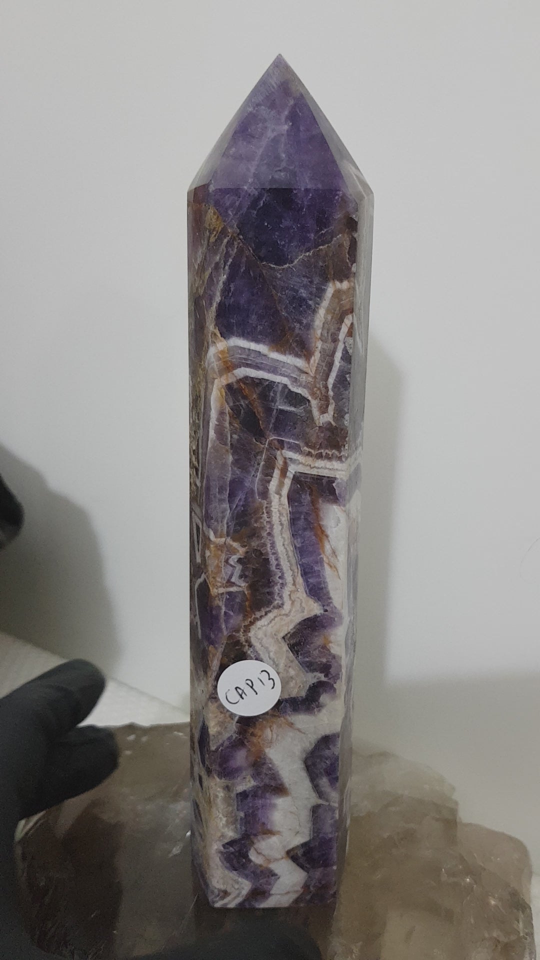 Chevron amethyst crystal point tower polished Brazil deep purple chevron banding 19cm